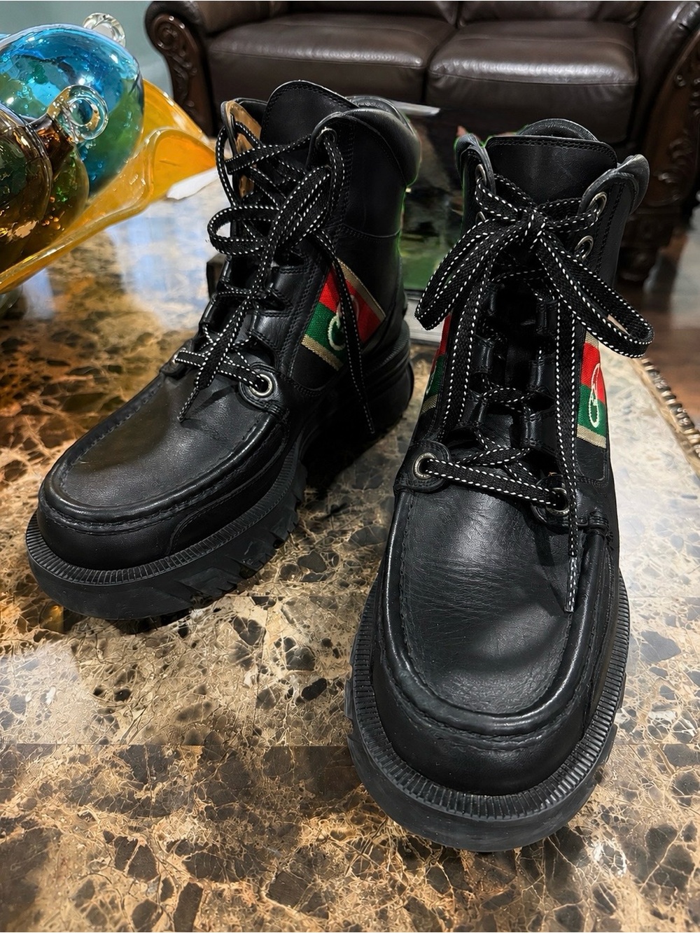 Gucci Black Leather Lace-Up Ankle Boots with Red & Green Web - Picture 7 of 7